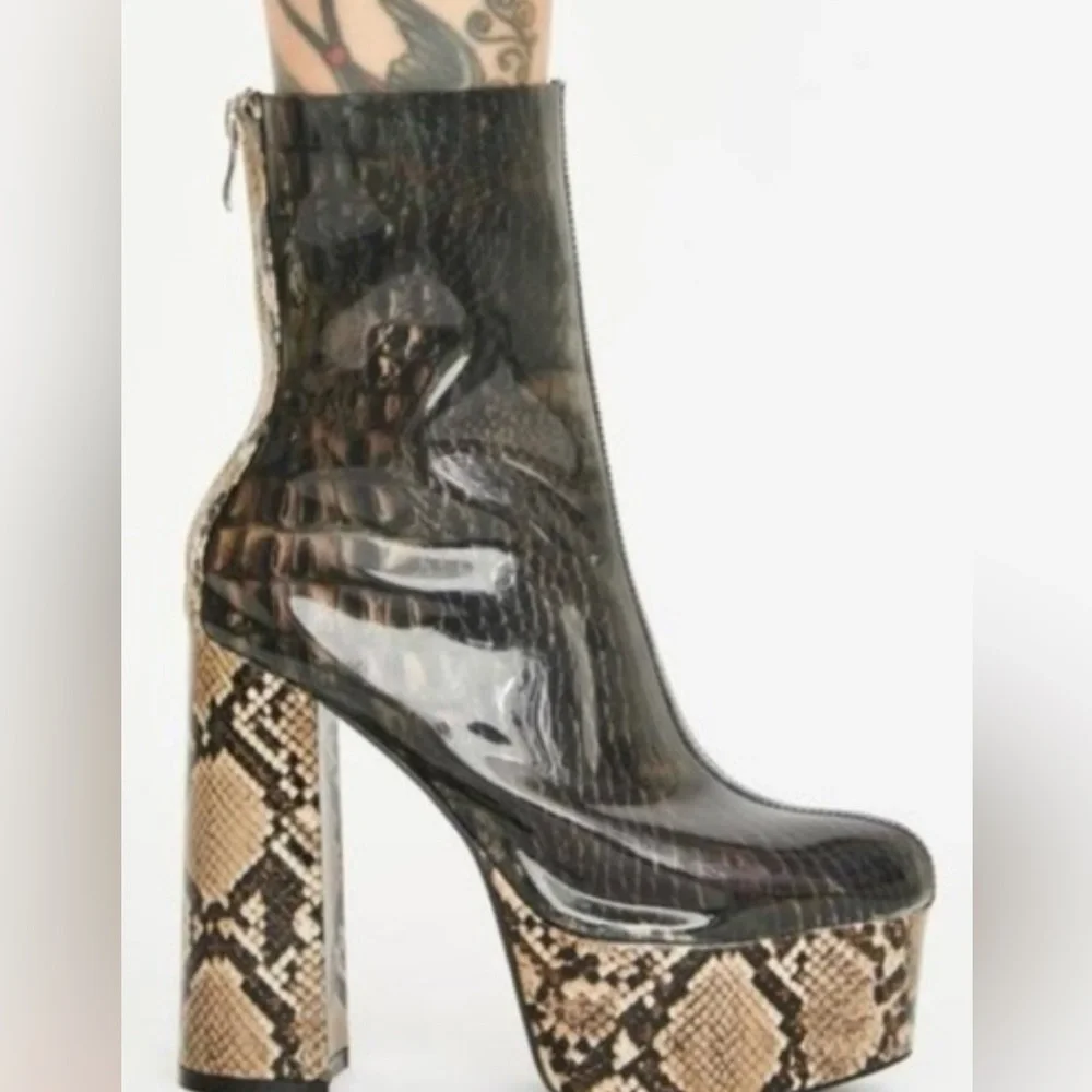 Women’s Platform Ankle Boots in Black with Snake-Print Accents